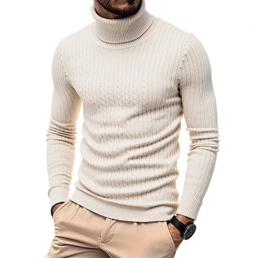 Autumn Winter Mens Turtleneck Sweater Warm Slim Fit Knitted Pullover Jacquard Striped Cozy Soft Knitwear Basic Style 251105