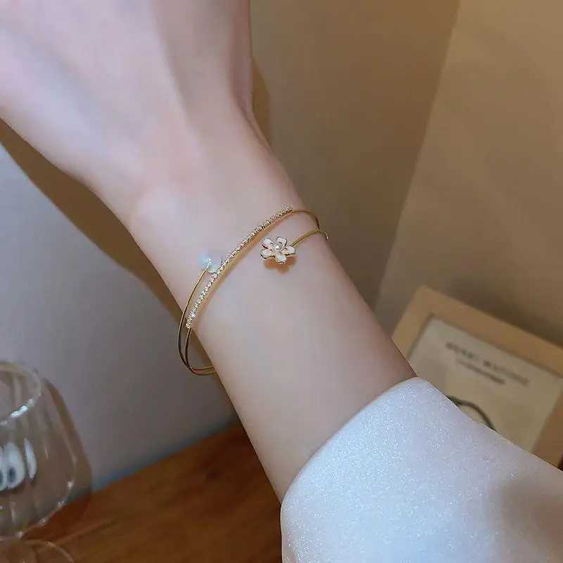 KADRUFI Luxury Zircon Flower Imitation Pearl Opening Bracelet Bangle Women Gold Color 3 Layer Korean Fashion Bangles JewelryC250411