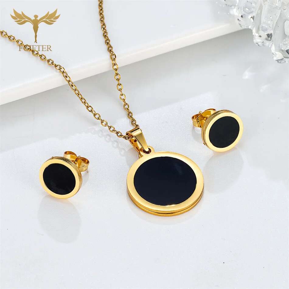 Classic Round Necklace Earrings Set for Women Gold Plated Stainless Steel Pendant Chain Ear Piercing Studs Fashion Jewelry Gifts