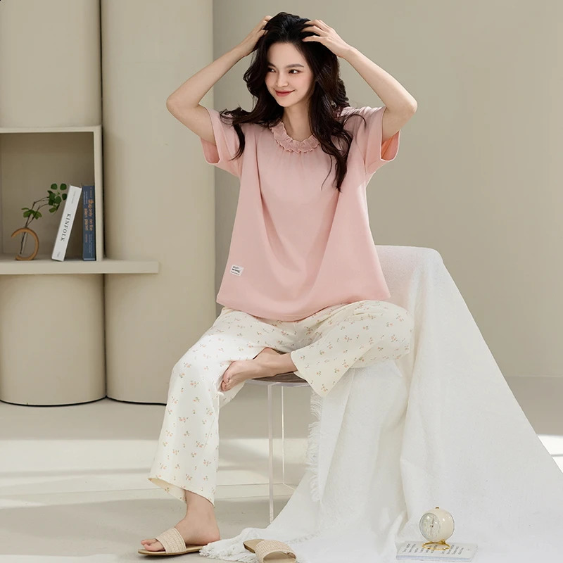 100% COTTON M-4XL Plus Size Summer Women Pajamas Anti-bacterial HQ Short Sleeves Long Bottoms Sleepwear Leisure Pjs 250411