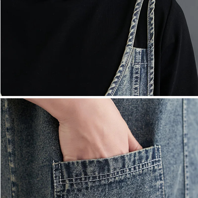 #2114 Spring Summer Blue Denim Overalls Dress Women Sleeveless Spaghetti Strap Dress Front Pockets Casual Vintage Dress V Neck 250411