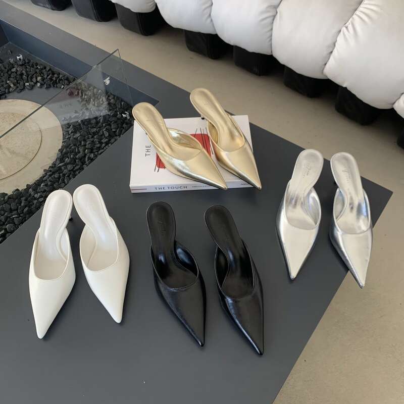 2025 Spring/Summer New Pointed Heel Fashion with Back Headless and Empty Sandals, Thin High Heels, Half Dragged Women's Shoes