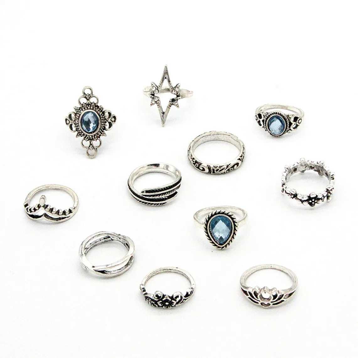11 pieces/set Bohemian retro silver gothic aesthetic retro carved feather flower leaf butterfly ring setXJ250412