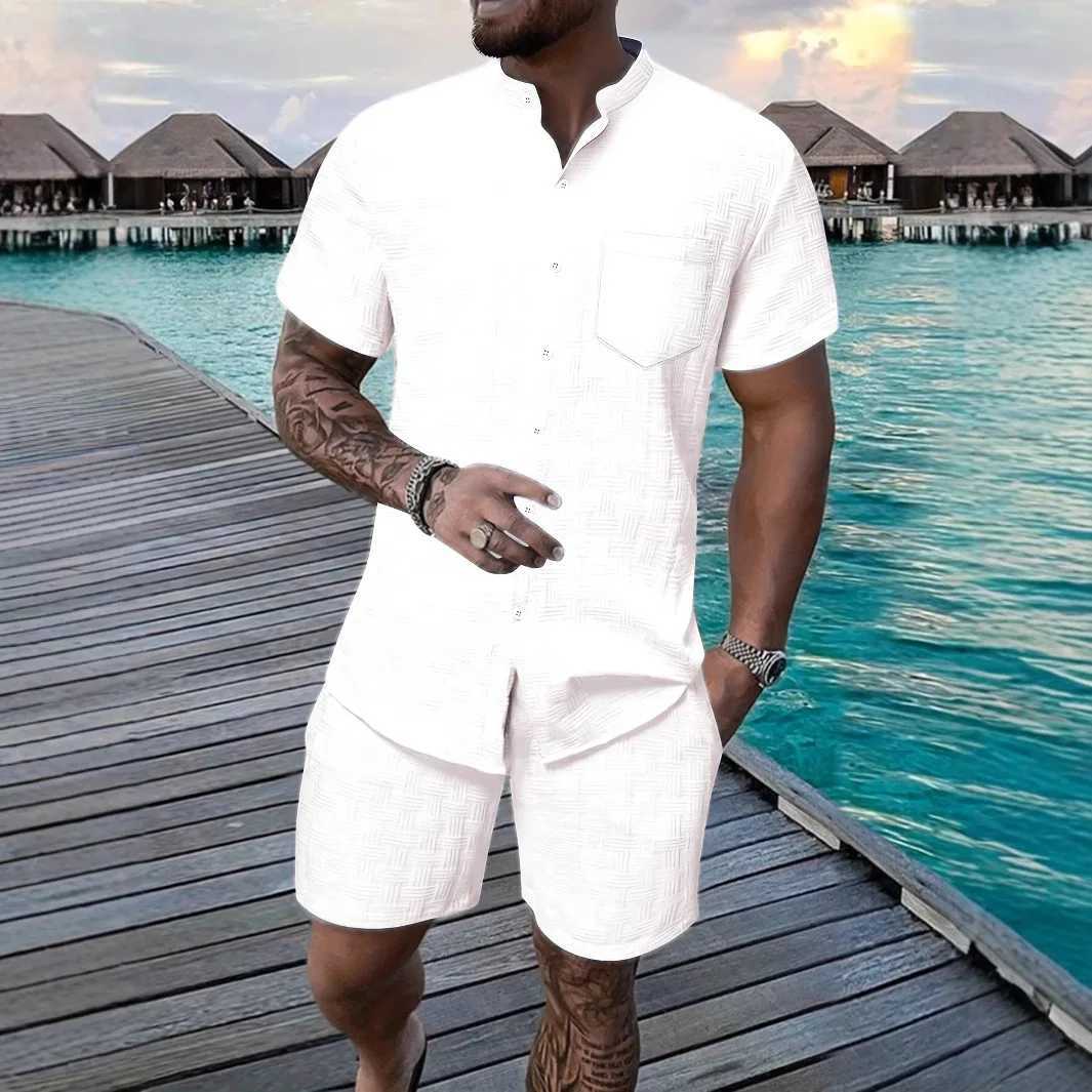 2025 European and American mens summer stand up collar solid color casual short sleeved beach setXJ250412