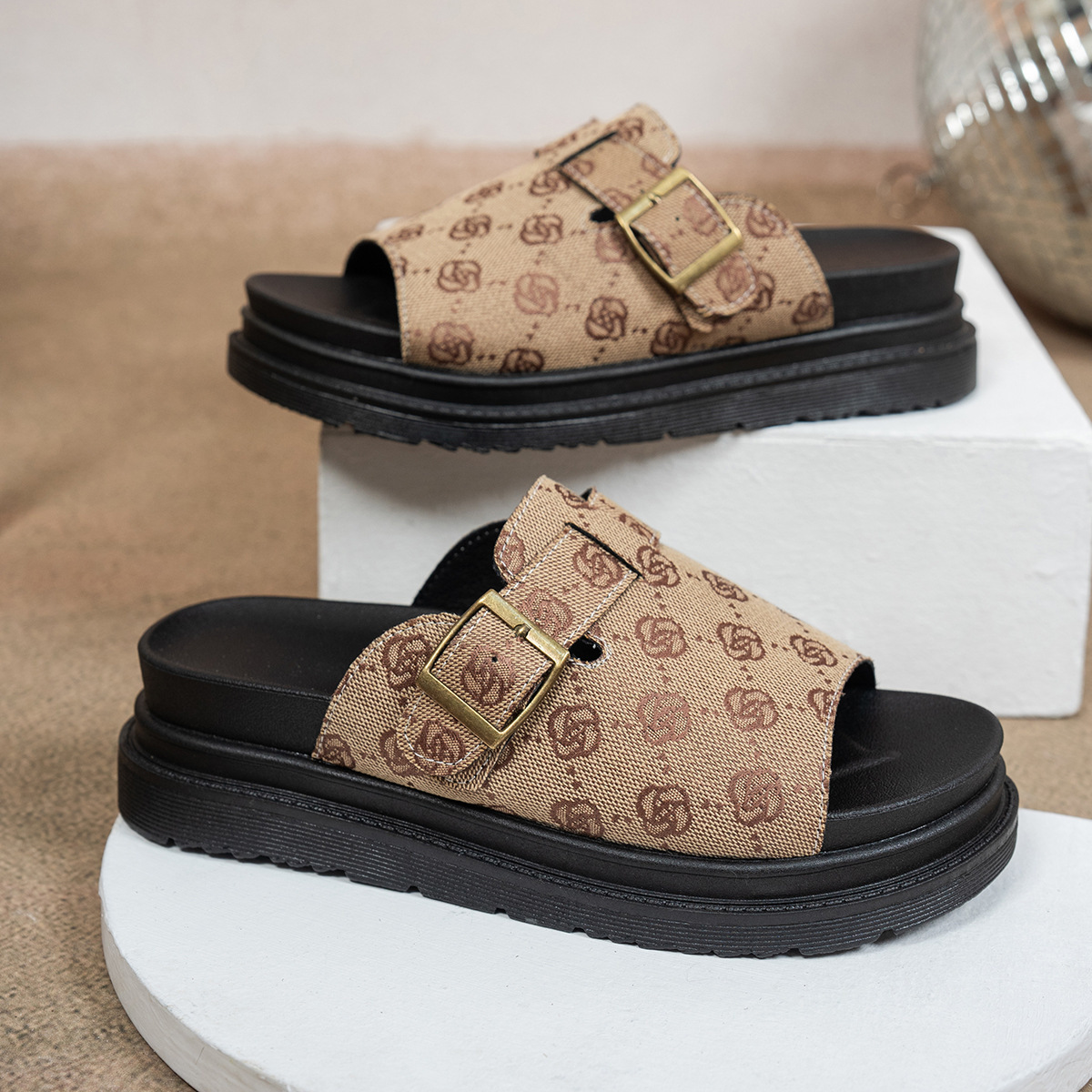 designer shoes new Women's large size flat slippers high-end thick sole European and American slip-on style with belt buckle and one-word Roman s