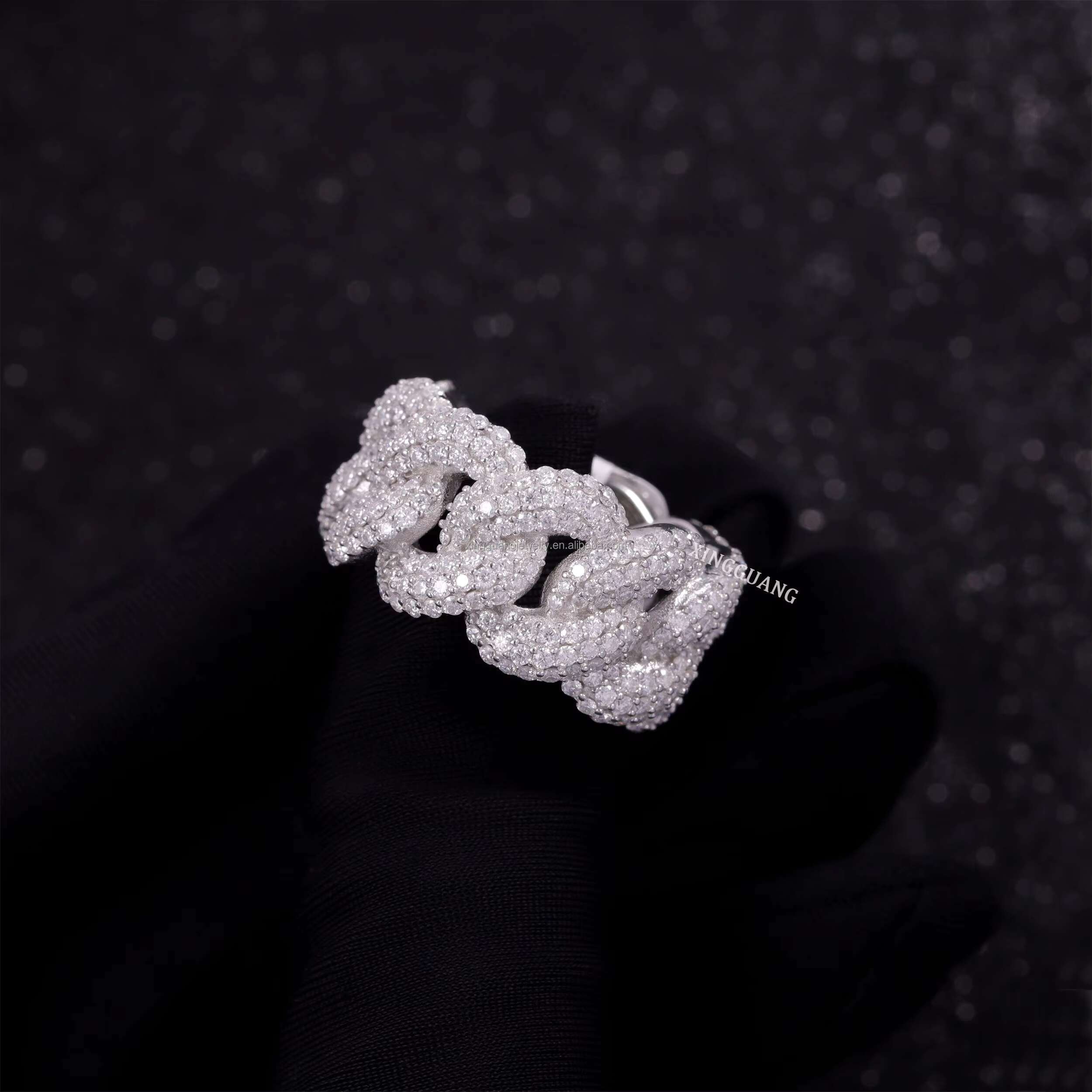 Hot Sale in Stock Iced Out Moissanite Cuban Ring Jewelry 925 Sterling Silver Men Hip Hop Ring VVS Moissanite Diamond Cuban Ring