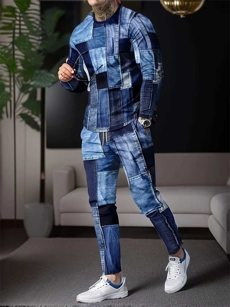 Autumn mens sportswear mens long sleeved T-shirt long pants set retro quilted printed casual street top two-piece clothingXJ250412