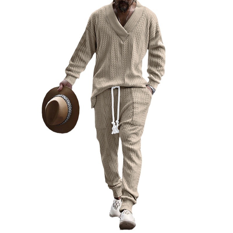 2025 Spring/Spring Men's Jacquard loose knit solid color leisure V-neck long-sleeved knit suit m099