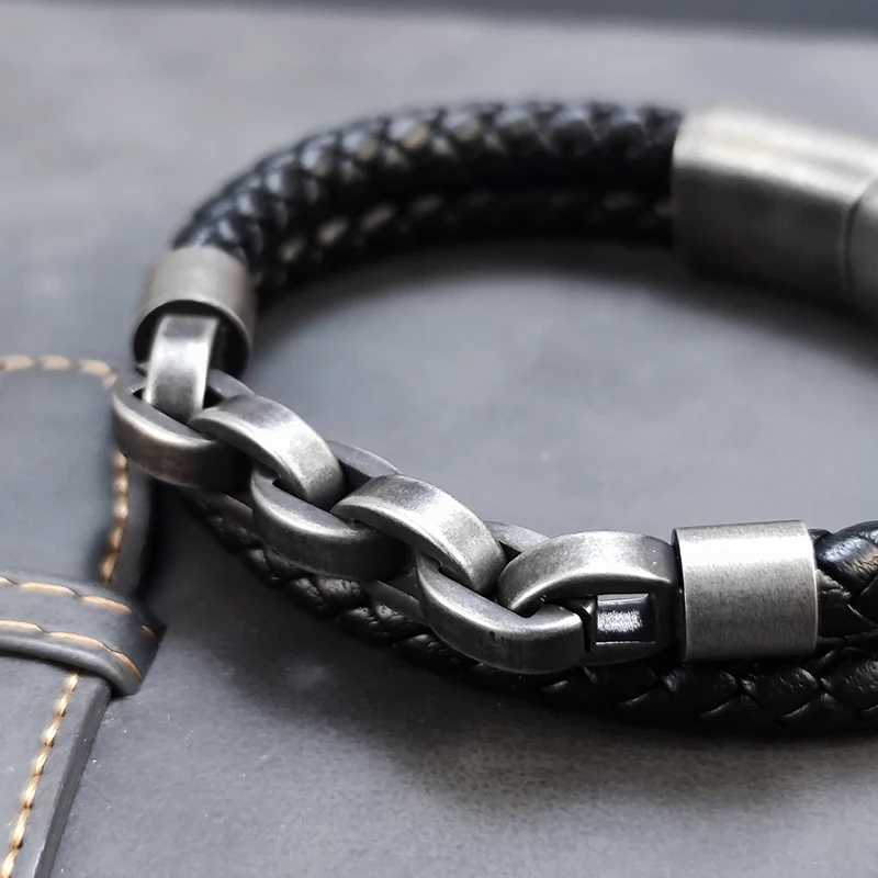 2025 Fashion Multi layered Stainless Steel Charm Viking Leather Bracelet Mens Woven Bracelet Punk Jewelry Homme AccessoriesC250411