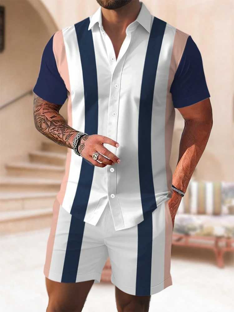 Summer daily mens short sleeved street fashion beach shorts patch work striped printed mens casual shirt and shorts setXJ250412