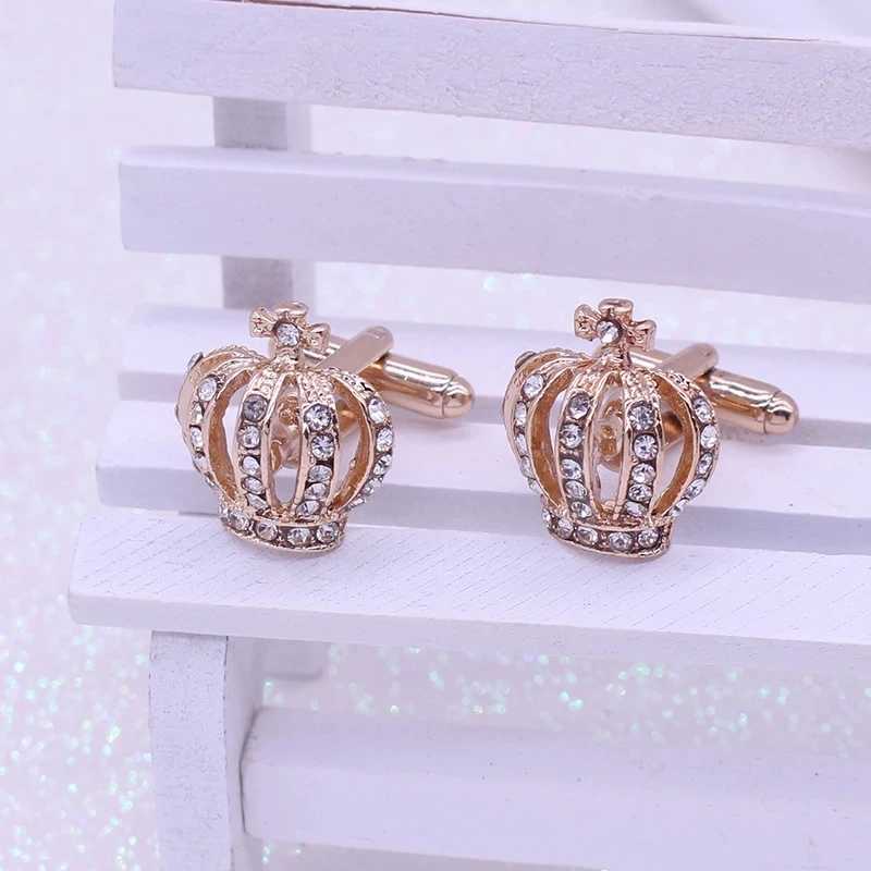1 pair of crown shirts gold king queen wedding groom evening gown jewelry fashion classic French crystal mens cufflinks party giftT250412