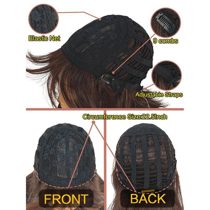 Shoulder-Length Layered With Bangs -14 Inch Peek-a-boo Color Black Mix Brown Mid-Length Wavy For en brown Women, Heat Resistant Synthetic Hair Replace