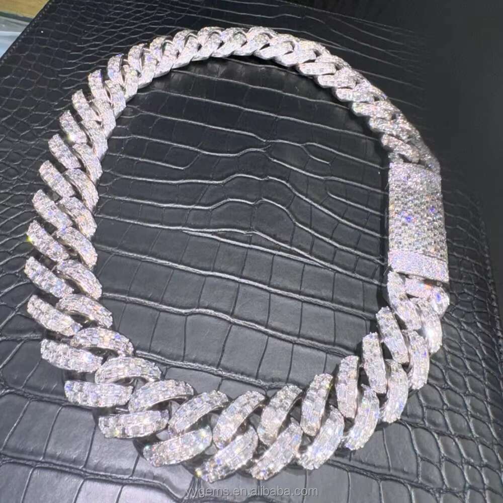 Yu Ying Custom 20mm Men Full Emerald Cut VVS Moissanite White Gold S925 Silver Cuban Link Chain Necklace Hip Hop Jewelry