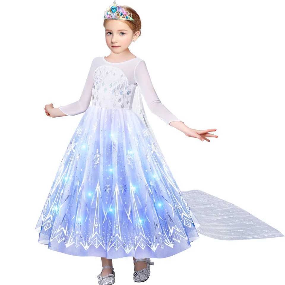 Disney 2024 Halloween Carnival Frozen Little Girl Princess Classic Costume Fantasy Role Playing White Dress Elsa LED Strip CostumeXJ250411