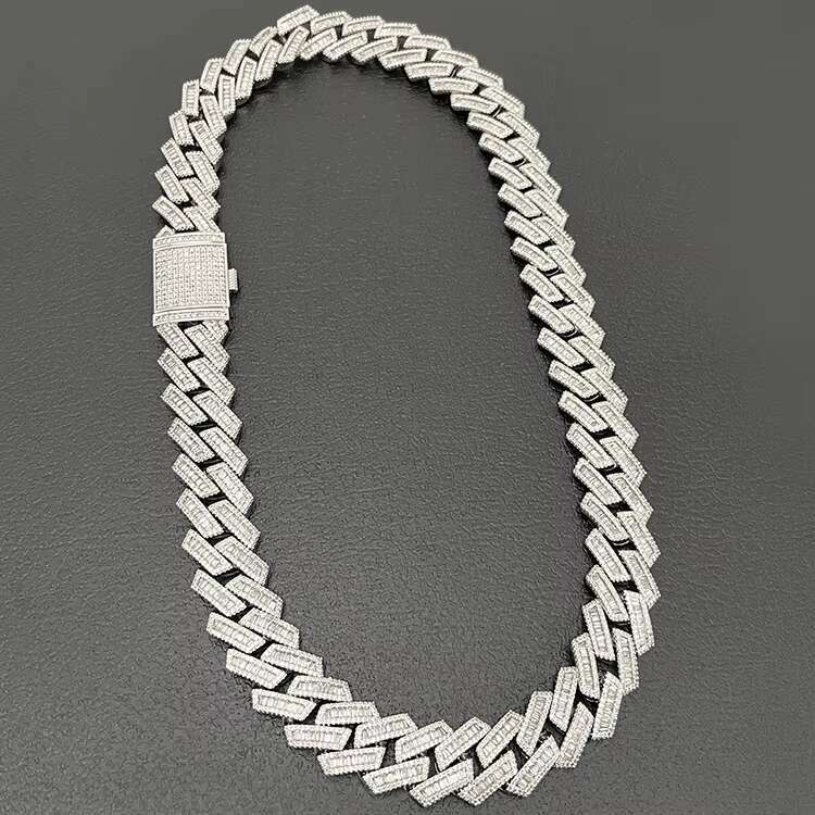 Customized 15mm 18mm 20mm White Gold Plated S925 Cuban Chain Necklace Vvs Moissanite baguette Cuban Link Chain Moissanite