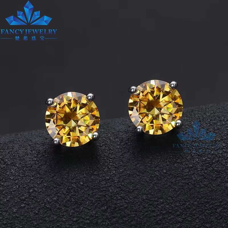 Trendy Simple Classic Fancy Sterling Silver 6mm 0.8carat champagne pink Blue Color Vvs Real Moissanite Stud Earrings