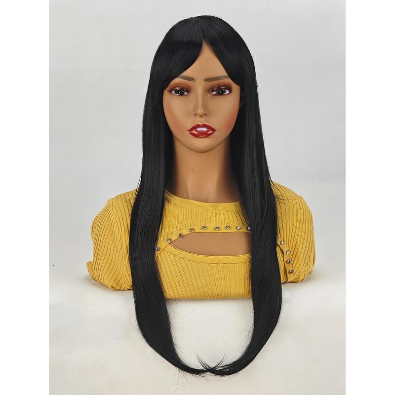 ENTRANCED STYLES Natural Women Long Straight with Bangs Black Hair Wigs Heat Resistant Synthetic Womens Wig for Daily Party Use 24 Inch