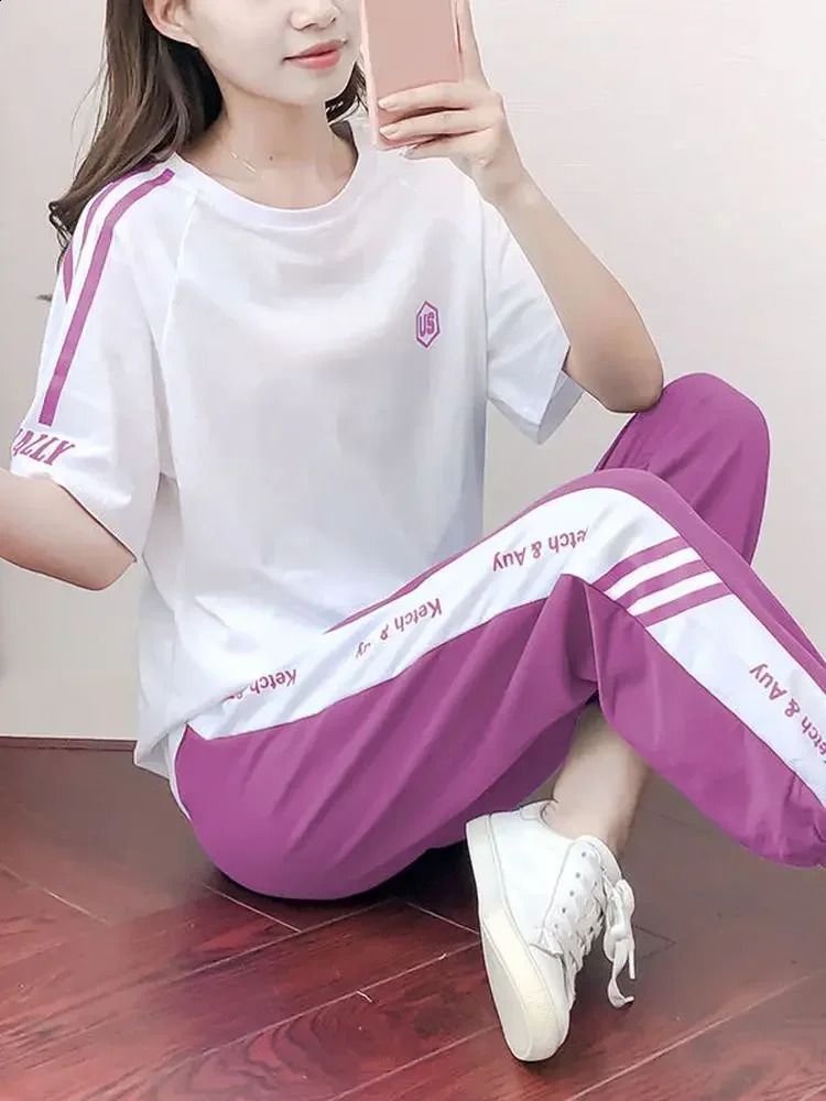 Badypczd Sports Suit s Summer Short-sleeved Top Fashion Running Pants Casual Fitness Clothes Two-piece Gym Suit 250411