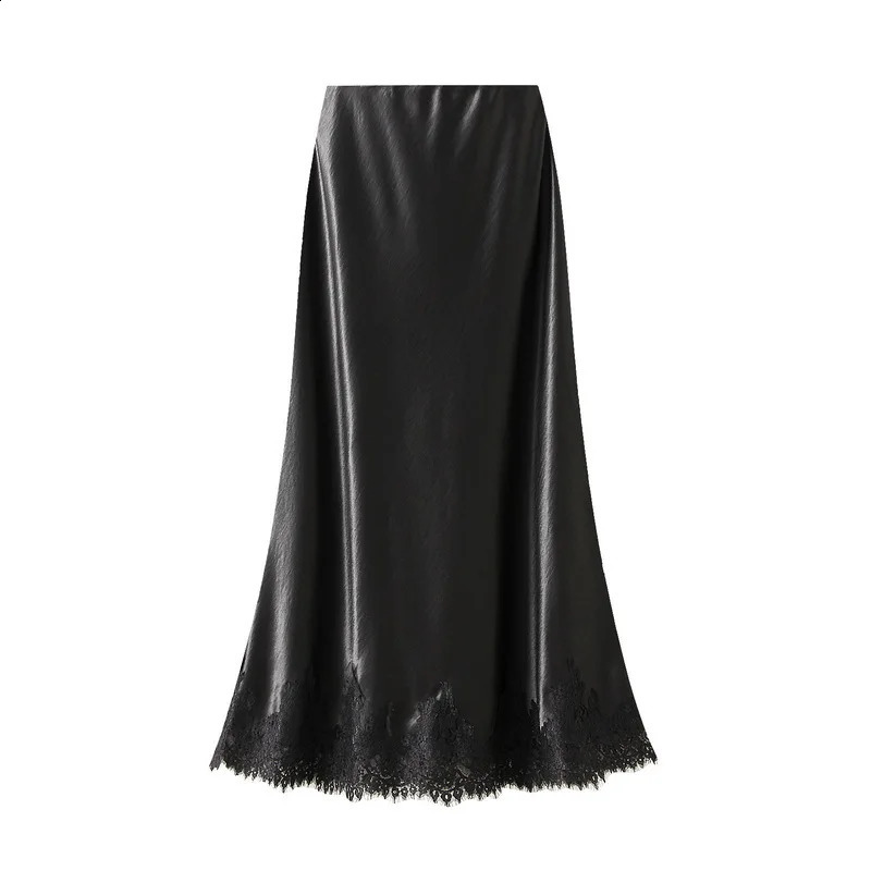 Women Lace Patchwork Satin Long Skirt 2025 Spring Summer High Waist Elegant Fashion Skirts 250411