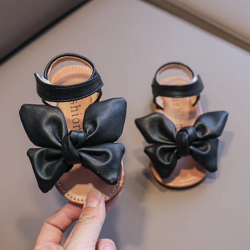 Girls Summer Sandals Big Bowtie Pu Leather 21-30 Sweet Children Sliders Lovely Stylish Three Colors Flexiable Cute Kids Flats 250411