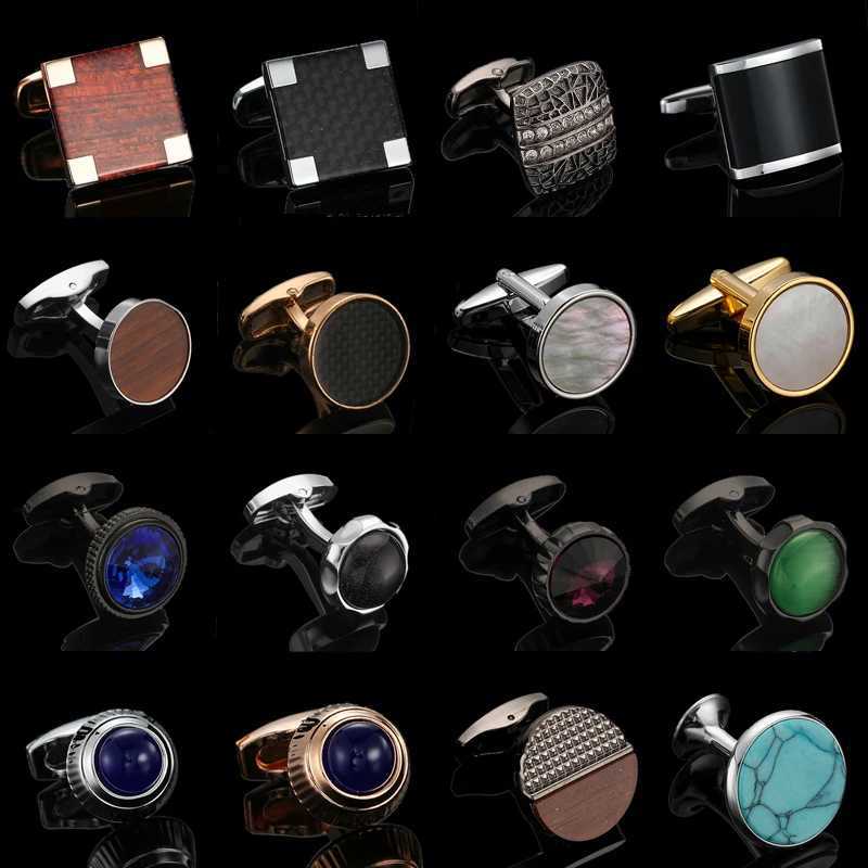 Luxury Mens French Shirt Cufflinks Blue Black Round Shell Fiber Redwood Crystal Cufflinks Button Set Accessories Jewelry WholesaleT250412