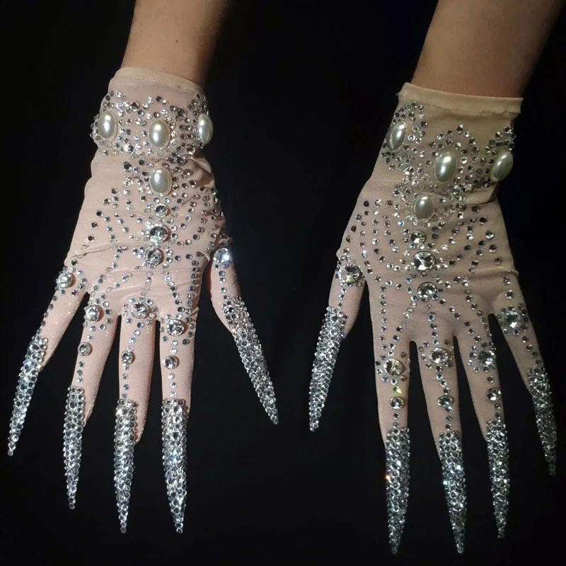 AB Rhinestones Pearls Plus Length Nails Gloves Women Fashion Drag Queen Outfit Nightclub Stage Performance Accessories 250408