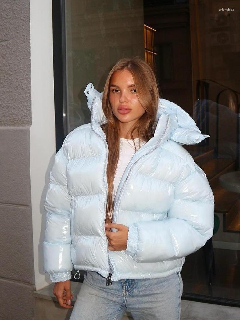 CNLONGBIDA Women's Down Solid Color Shiny Hooded Cotton-Padded Jacket Y2K Aesthetic Puffer Coat Windproof & Waterproof Down Jacket Short Length f