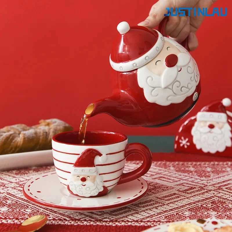 Christmas JUSTINLAU Santa Claus Ceramic Coffee Cup Saucer Teapot Creative Relief Afternoon Tea Cup and Saucer Teaware Set Christmas Gift Y251112