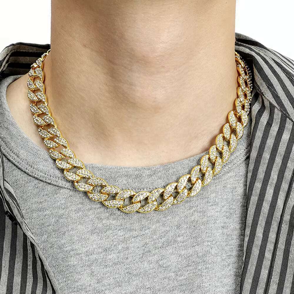 Iced Cuban necklace, gold-plated zinc alloy rhie, Christian party