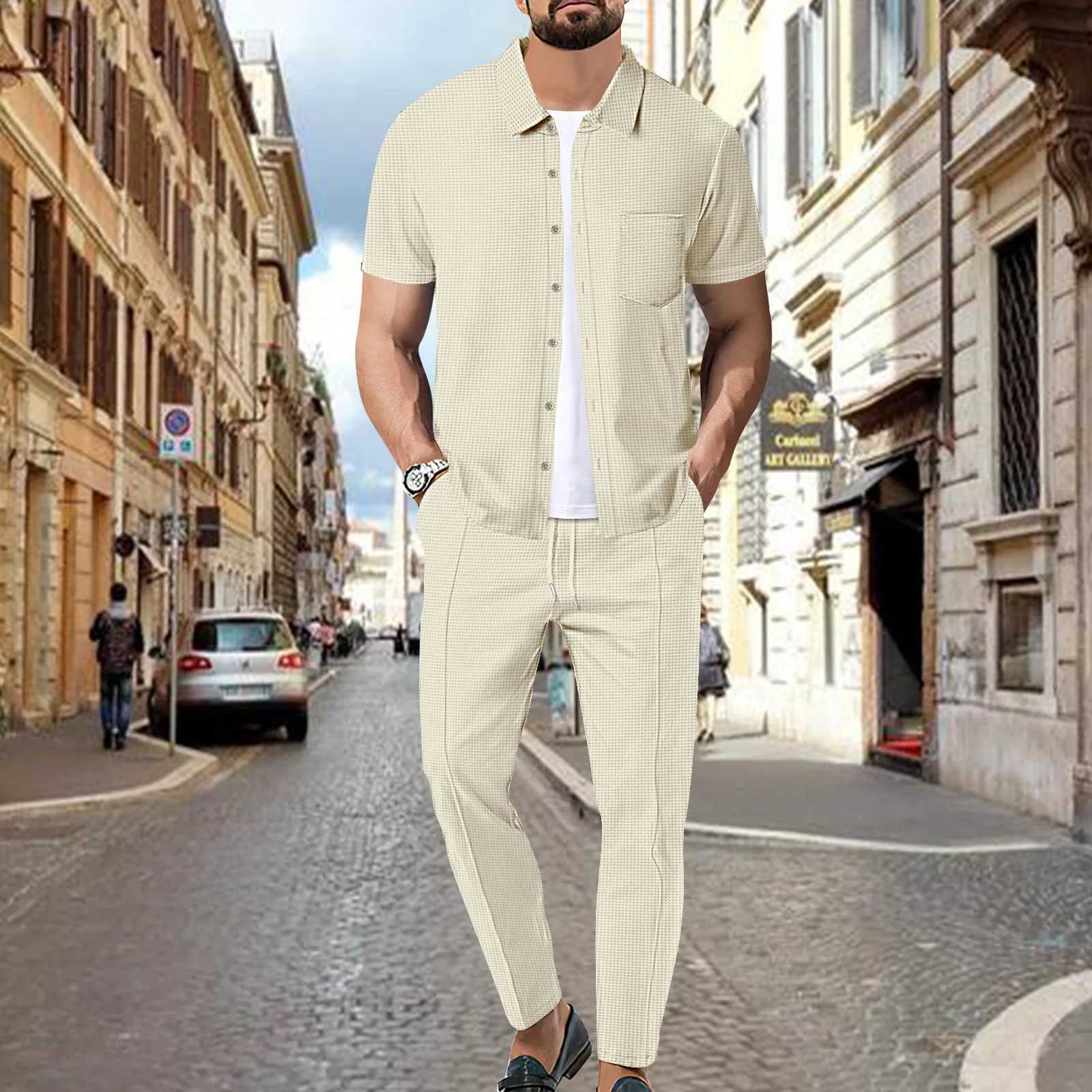 2025 Summer Mens Business Leisure Waffle Pocket Solid Color Short Sleeve Fashion Trend Collar Shirt Pants Two Piece SetXJ250412