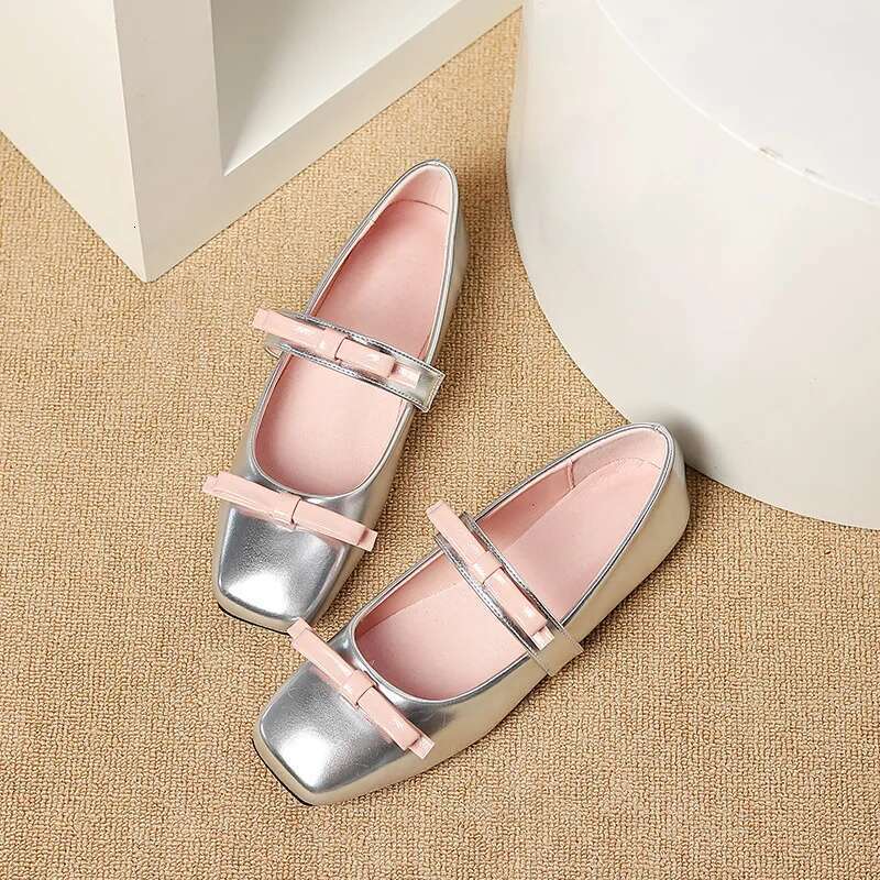 New 2024 Fashion Square Toe Glossy Leather Flats Women Double Bowknot Mary Jane Female Ballets Party Shoes Plus Size 44