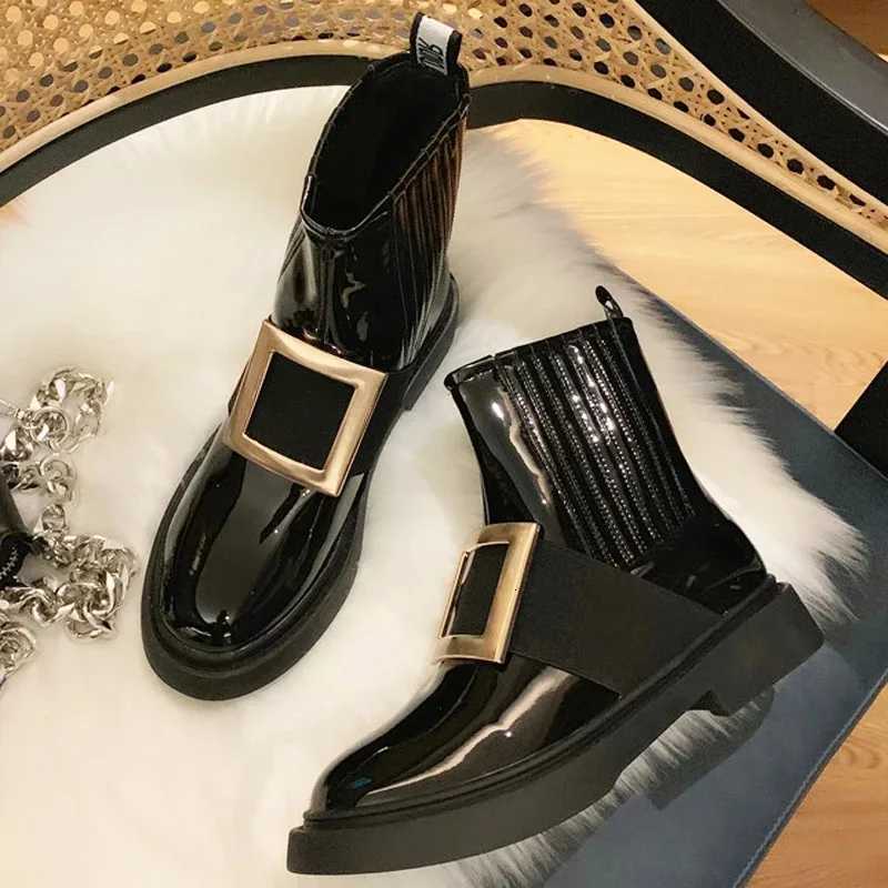 Japanned Leather Chelsea Boots Ladies Brand Shoes Winter Brand Metal Buckle Botas Femme Streh Riding Bottes Women Shoes BotasXJ251112