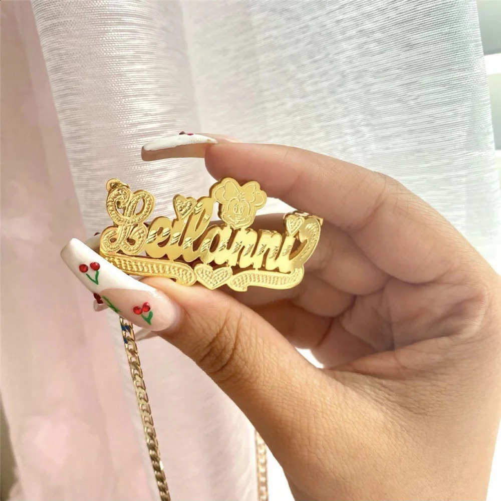 Double layered name necklace two tone custom letters cartoon character pendant hiphop womens used for gifts 250410