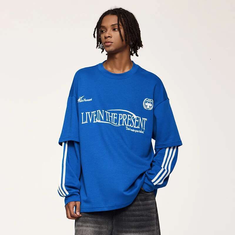 Retro Double Layer Tshirts Men Streetwear Hip Hop Oversized Long Sleeve Tees Sportswear