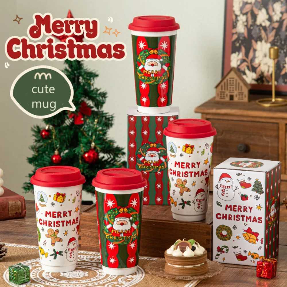 Christmas Christmas Ceramic Mug Coffee Cup with Silicone Lid and Gift Box Latte Mug 580ml Here Comes Santa Claus Gifts for Kids Mom Lovers Y251112