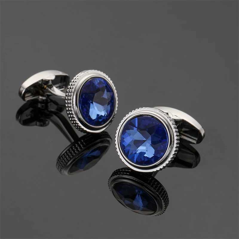 High end metal cufflinks mens French shirt luxury round blue crystal cufflinks wedding accessories jewelry giftsT250412