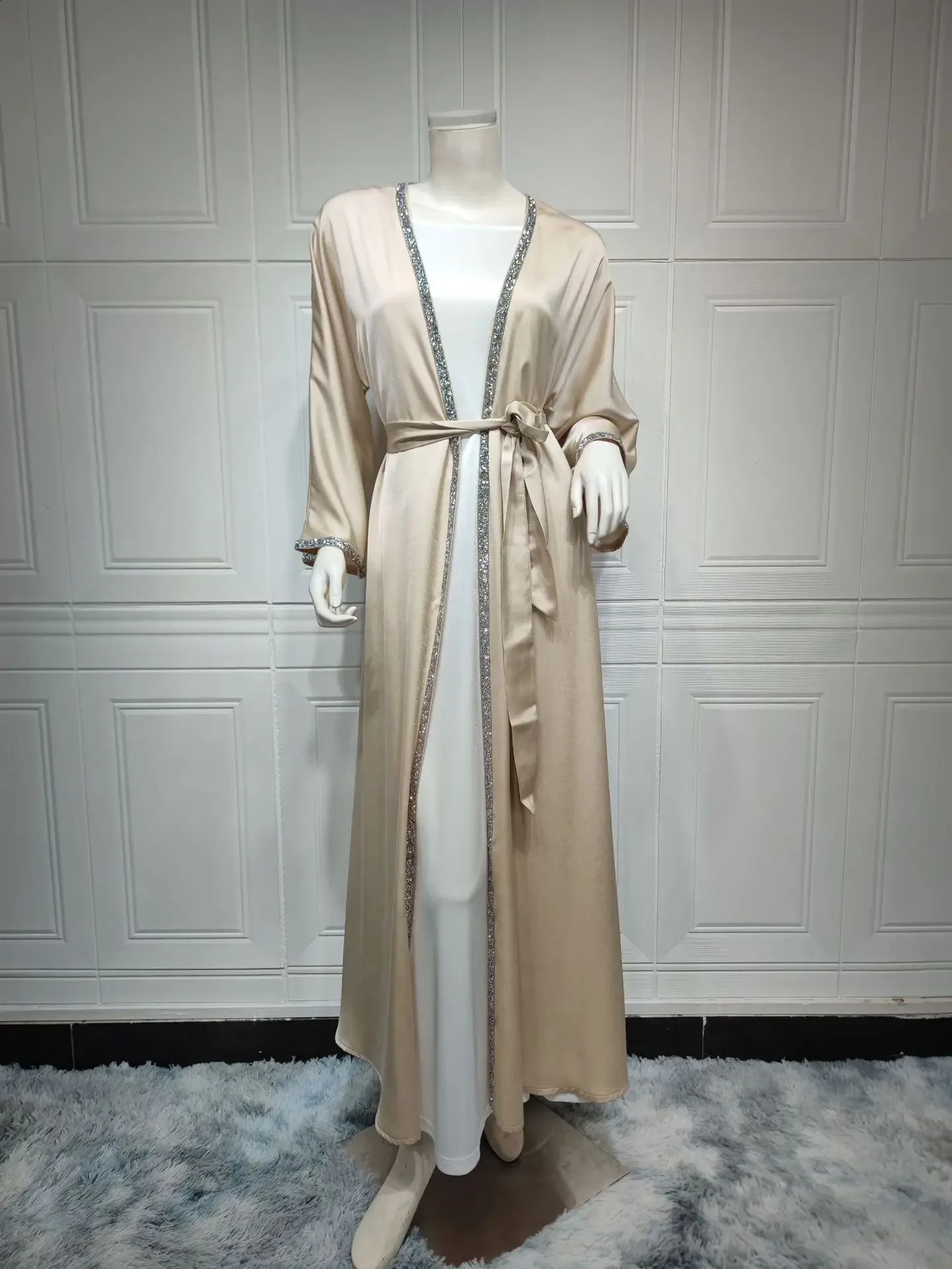 ALSEY Stamping n Womens Fashion Satin Outer Slimming Dress White Inner Abaya Spring Collection 250411
