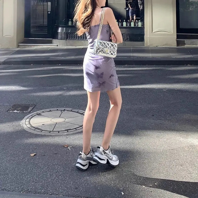 Womens French Purple Flower spaghetti Strap Dress 2025 SpringSummer Beach Vacation ShortsLong Ultra Thin Fit 250411