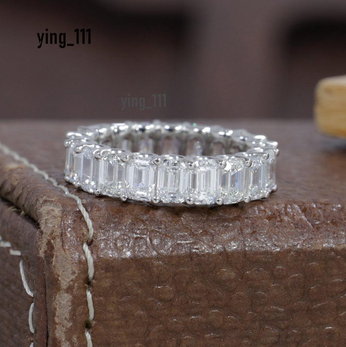 Jewelry 18K White Solid Gold Lab Grow Diamond EF Color 4.5*3.2mm Emerald Cut Full Band Eternity Ring HPHT CVD Diamond Stackable Ring