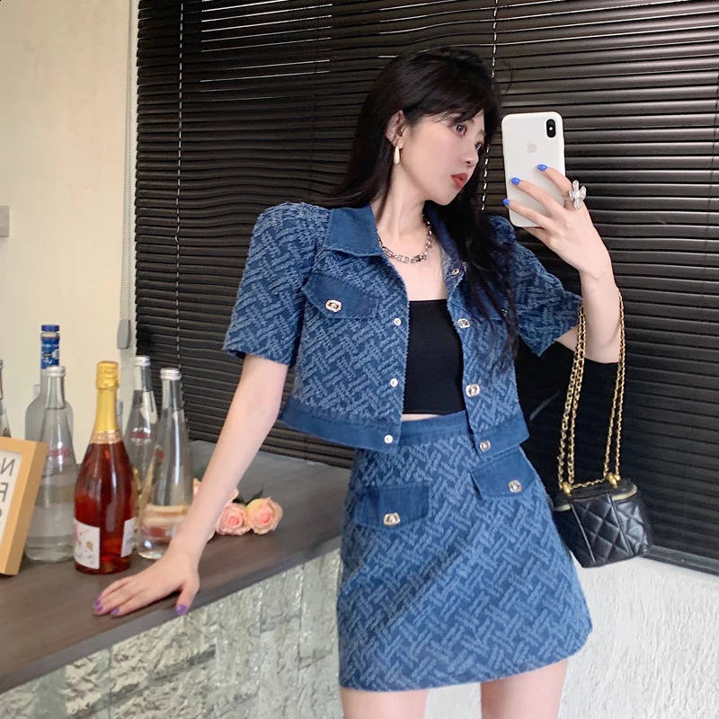 Small Fragrant Style Denim Skirt Suit Summer Womens Stylish Skirts 2 Pieces Sets Women Outfits Two-piece Ladies Outfit Set 250411