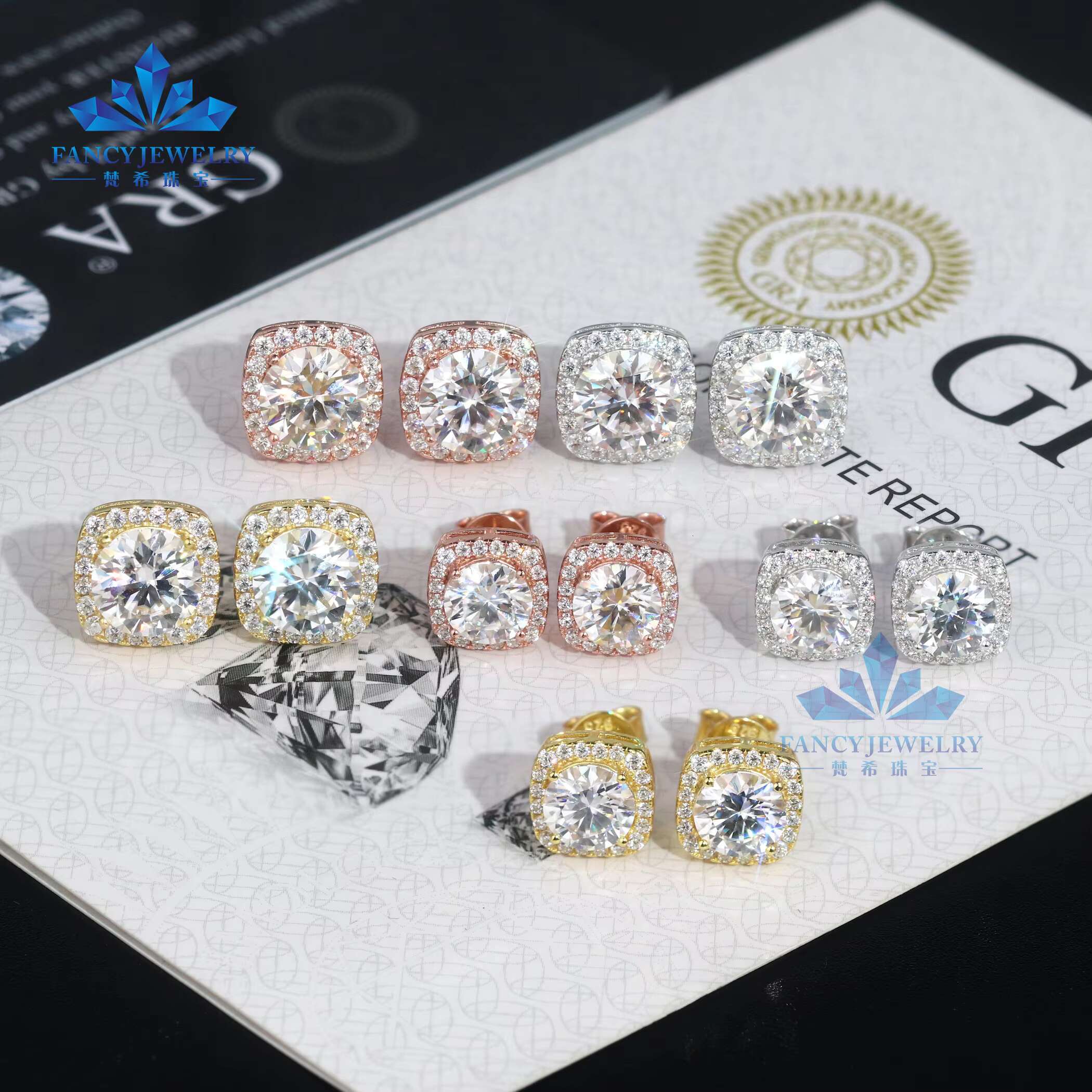 Big Mossanite Stud 1ct-2ct 6.5mm 8mm 18K Gold Plated 925 Sterling Silver Lab Moissanite Diamond Halo Earring for Women Men