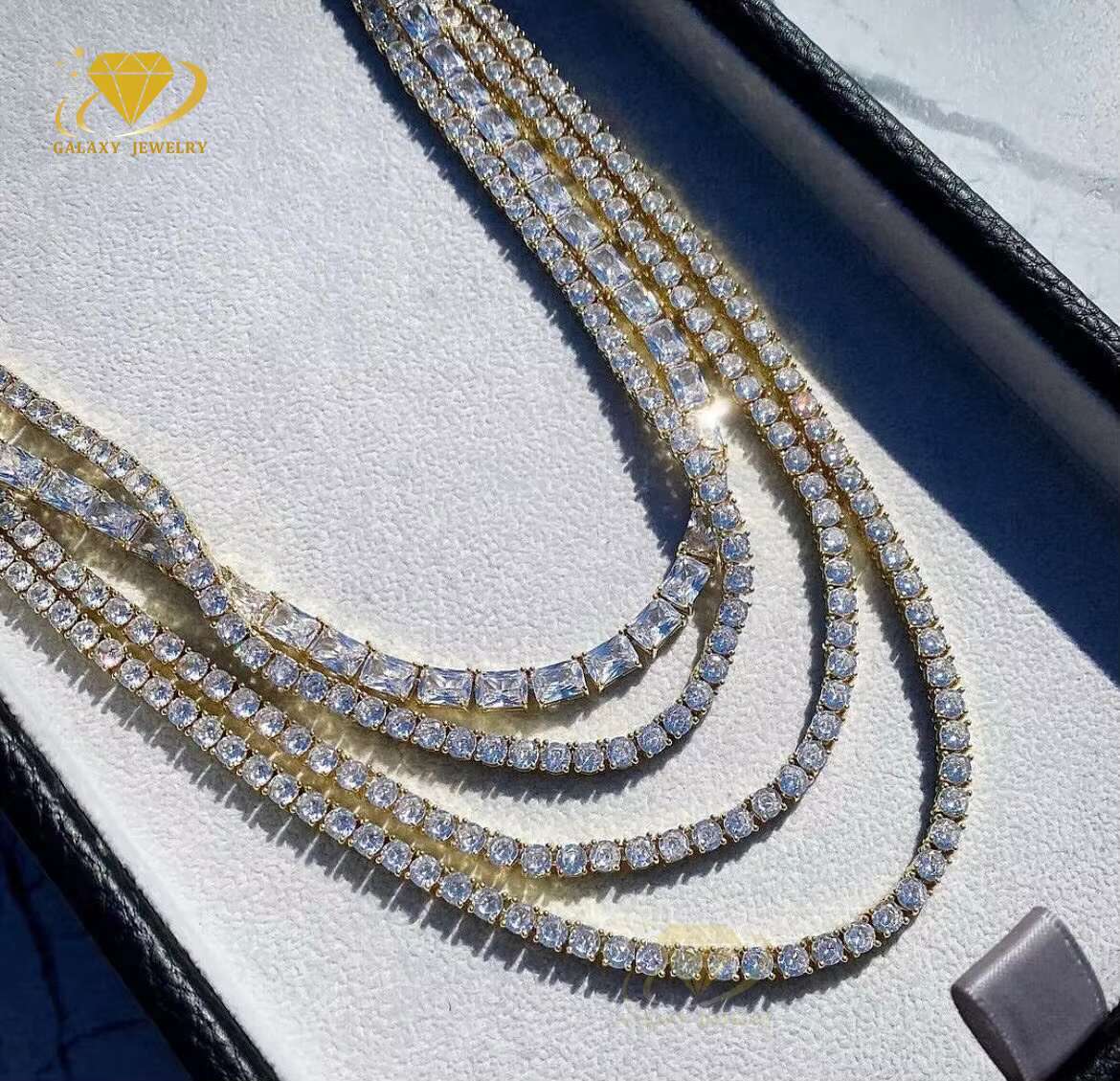 Fashion Jewelry Tennis Chain 2-6mm Moissanite Diamonds Iced Out 925 Silver Custom Rose Yellow White Gold Plated Tennis Necklace