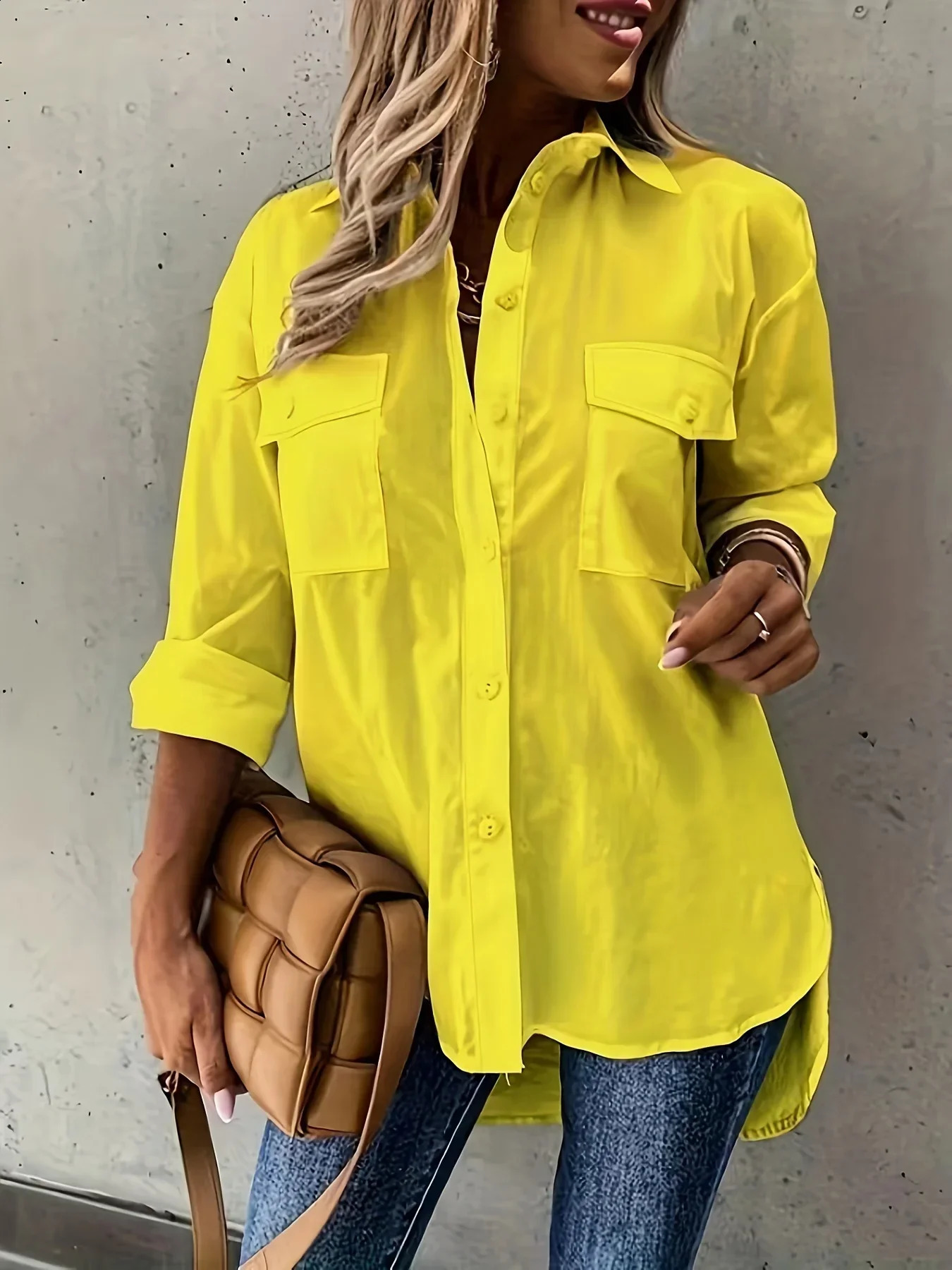 Fashion Plus Size Womens Versatile Solid Color Shirt Lapel Pocket Decoration Shirt Casual Loose and Simple Long Sleeved Shirt 250411