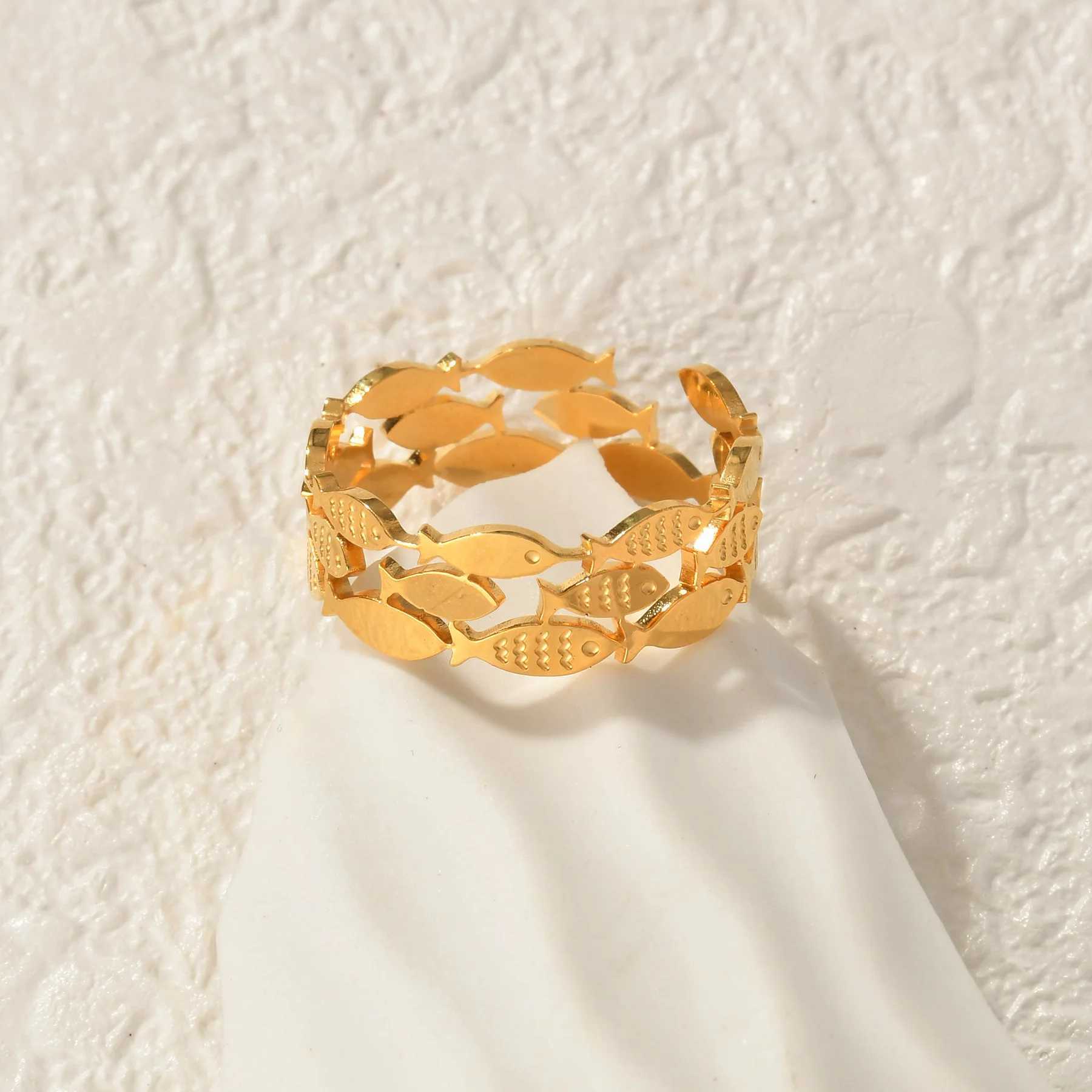 Freeteeme Ocean Element Ring Mens Stainless Steel Gold Sea Star Shell Open Ring Sea Series Jewelry Couple GiftXJ250412