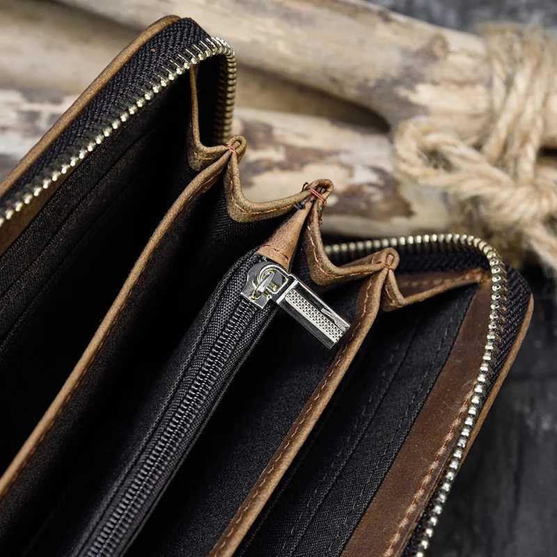 Mens Crazy Horse Leather Long Wallet Zipper Wrap Leather Wallet Phone Case with Coin Pocket and 4-Layer Pocket Z250411
