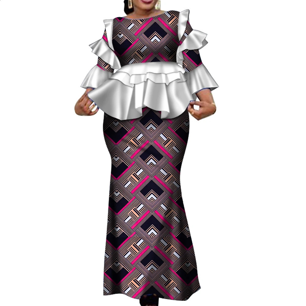 African Two Piece Outfits Set for Women Fashion Dashiki Ruffle Clothes Bazin Plus Size Clothing Party WY4142 250411