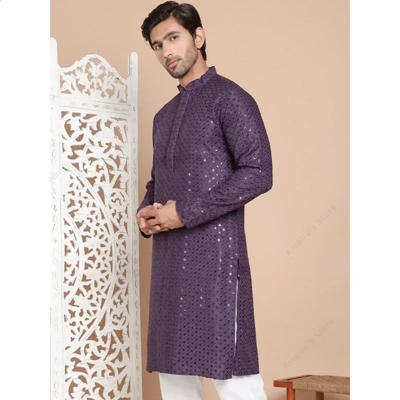 Indian mens Kurta Tunic cotton lightweight long shirt sequins stand up collar wedding festival ethnic costume top 250411