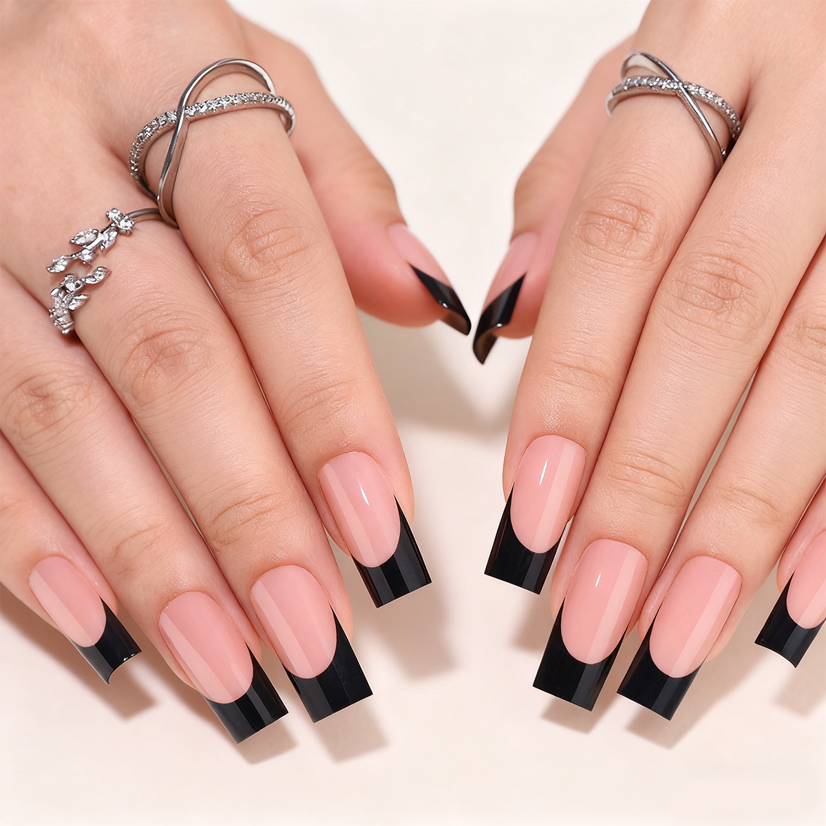 French Black Coffin Long Press-On Nails for Women - Available in 16 Sizes with 32 Reusable Pieces