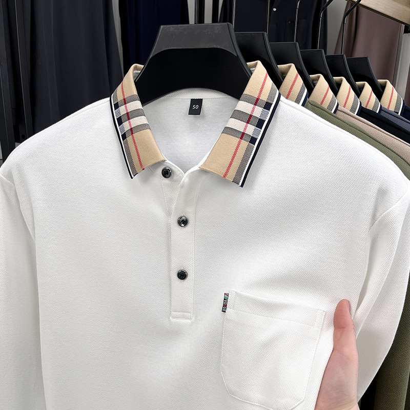 Men's Polos Luxury Long Sleeve Polo Shirt Men Fashionable Simple Solid Color Winter Mercerized Pure Cotton Breathable Casual Lapel T