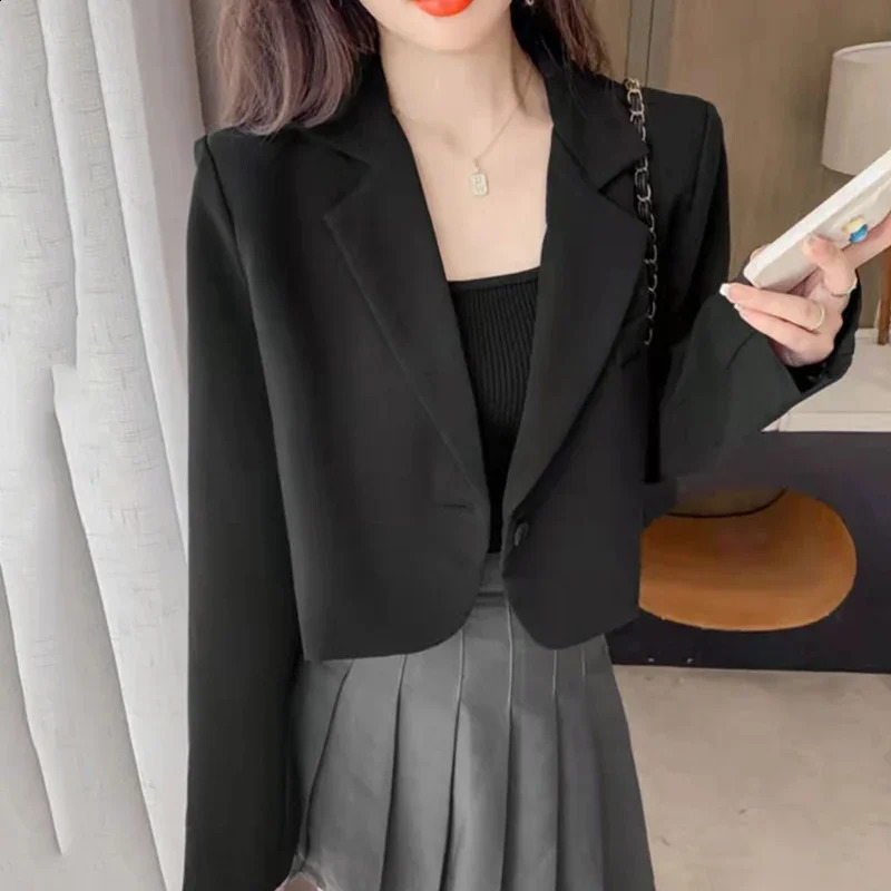 Korean Cropped Blazer Jacket Womens 2025 Spring Single Button Set Coats Chic Long Sleeve Notched Collar Coat 250407